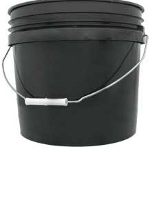 Black 3.5-gallon Hydrofarm utility bucket with steel carrying handle for hydroponics, nutrient mixing, watering, and gardening.