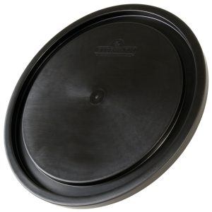 Black 5-gallon hydrofarm bucket lid designed to securely seal standard utility buckets for hydroponics and storage.