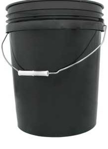 Black 5-gallon Hydrofarm utility bucket with steel carrying handle for hydroponics, nutrient mixing, watering, and gardening.