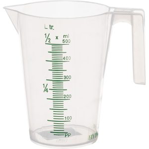 Hydrofarm 500mL food-grade plastic measuring cup with graduated metric markings for mixing hydroponic nutrients and additives.