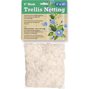 Hydrofarm 6-inch woven trellis netting measuring 5 feet by 15 feet for supporting climbing plants and heavy garden crops.