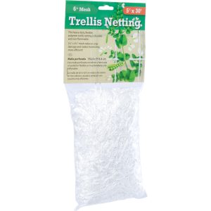 Hydrofarm 6-inch woven trellis netting measuring 5 feet by 30 feet for supporting climbing plants and heavy garden crops.