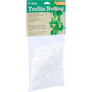 Hydrofarm 6-inch woven trellis netting measuring 5 feet by 60 feet for supporting climbing plants and heavy garden crops.