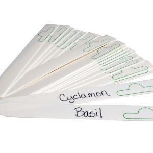White plastic plant markers for labeling seedlings, clones, and garden plants.