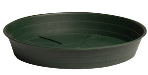 Premium green 12-inch plastic plant saucer for collecting water runoff from nursery pots and planters.