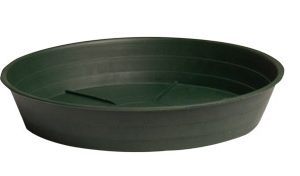 Premium green 16-inch plastic plant saucer for collecting water runoff from nursery pots and planters.