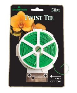 Hydrofarm 50-meter plastic-coated twist tie with built-in cutter for securing plants to stakes and trellises.