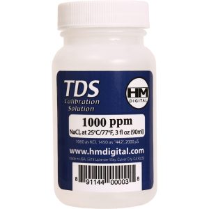 HM Digital 1000 ppm TDS calibration solution bottle for calibrating TDS and EC meters.
