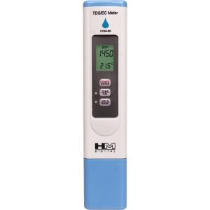 HM Digital COM-80 waterproof EC, TDS, and Temperature meter for hydroponic nutrient solution testing.