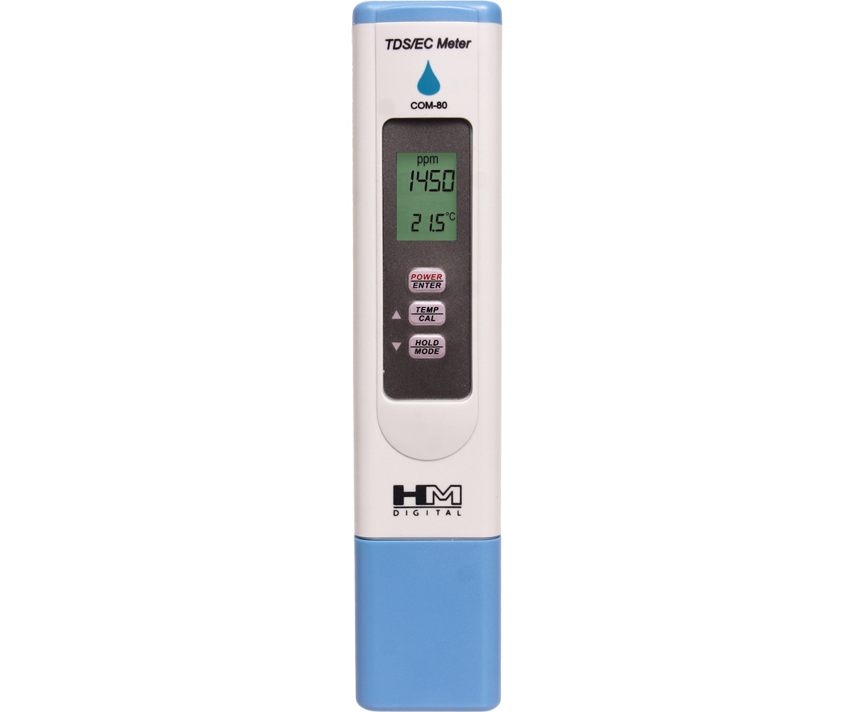 HM Digital COM-80 waterproof EC, TDS, and Temperature meter for hydroponic nutrient solution testing.