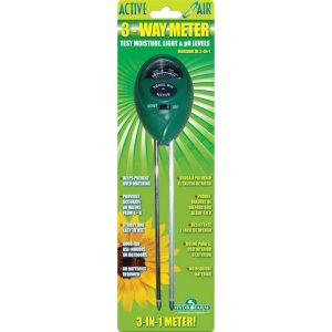 Active Air 3-way Meter for measuring soil moisture, light levels, and pH in gardens and potted plants.
