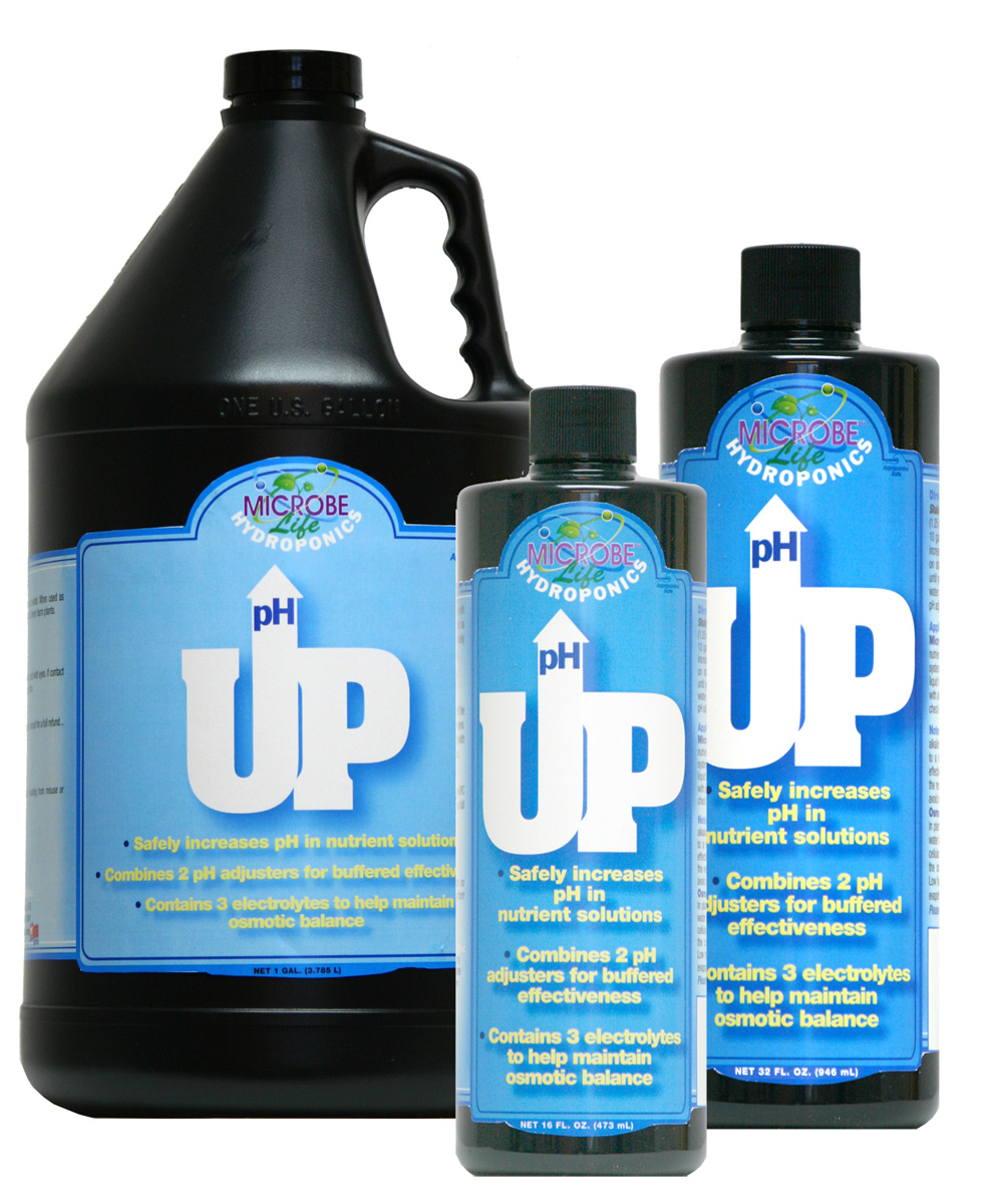 Microbe Life Hydroponics pH UP bottle for raising nutrient solution pH in hydroponic growing systems.
