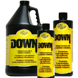 Microbe Life Hydroponics pH DOWN bottle for lowering nutrient solution pH in hydroponic growing systems.